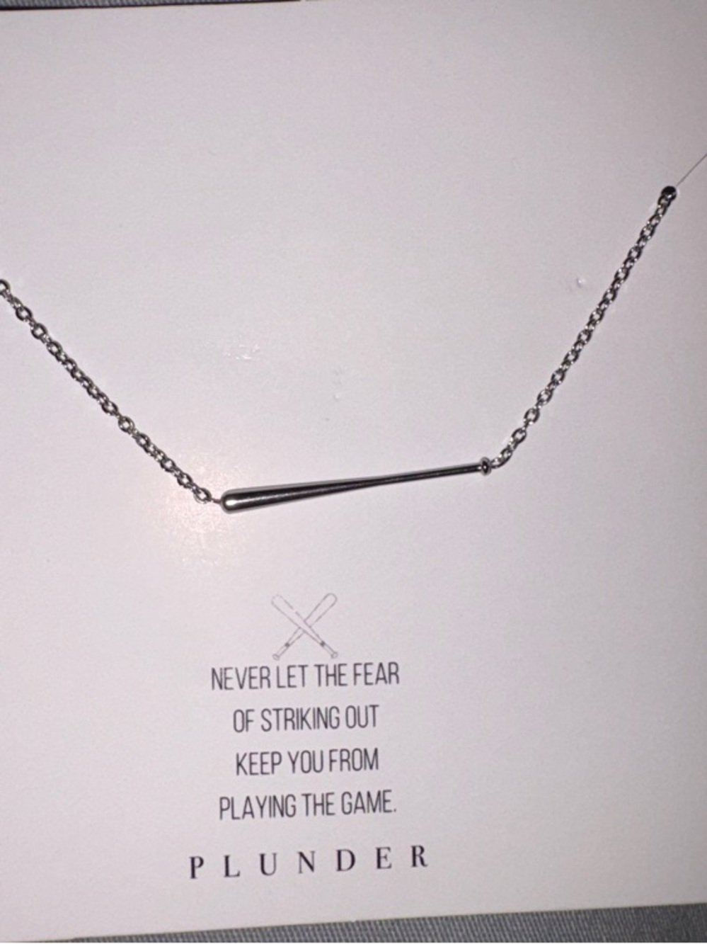Plunder Silver Tone Baseball Bat Pendant Necklace Sleek Nickel Free 18-20”